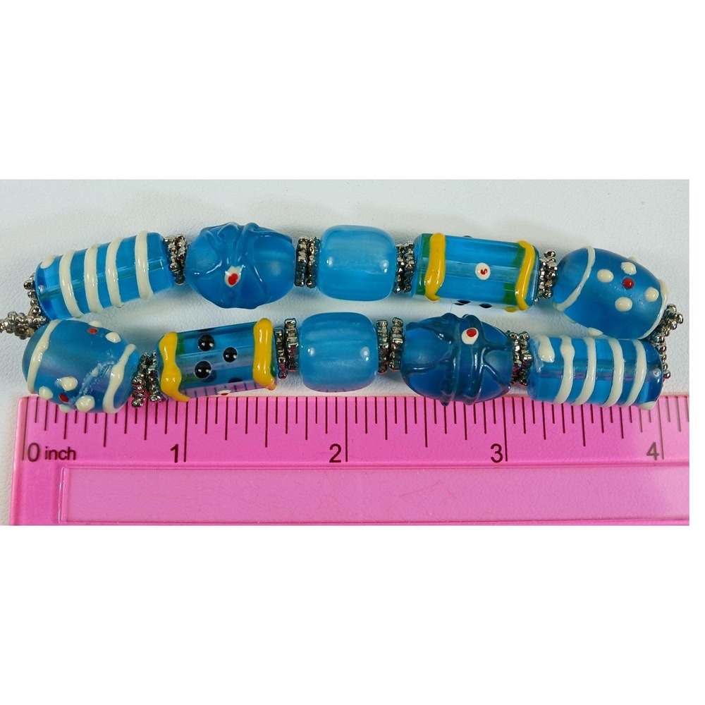 Artisan Handmade Blue Lampwork Glass Bead Stretch Bracelet and Earring Set - Picture 3 of 14